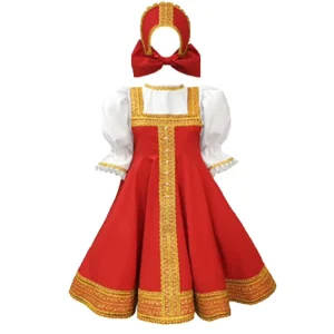 Unisex Children’s Russian Dance Costume Red Sarafan National Cosplay Fancy Dress Halloween Polyester Clothing