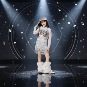 Unisex Children’s Sexy Hip Hop Dance Costume Jazz Samba Rumba Tango Salsa Skirt Performance Outfit Sparkle Sequins Fringe