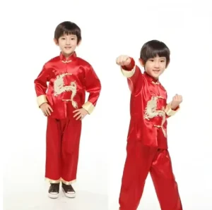 Unisex Children’s Traditional Chinese Jacket and Pants Set Satin Embroidered Dragon Performance Costume
