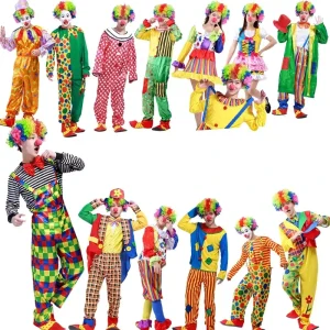 Unisex Clown Costume Set with Wig, Nose, Mask, Shoes and Whistle
