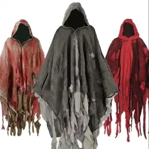 Unisex Ghost Skeleton Gothic Zombie Tattered Hooded Cape Costume
