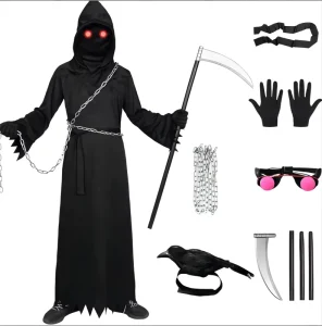 Unisex Halloween Horror Skeleton Ghost Costume Red-Eye Death Jumpsuit with Character Pattern and Mask for Children