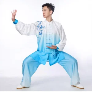 Unisex Wushu Kung Fu Uniform Tai Chi Suit Embroidered White and Blue Model HW-221