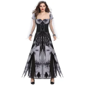 Vampire Bride Halloween Zombie Costume with Grey and Black Dress