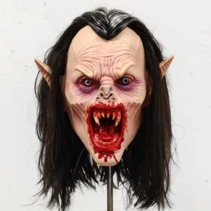 Vampire Latex Full-Face Mask with Bloody Mouth, Sharp Fangs, Pointed Ears and Black Long Hair