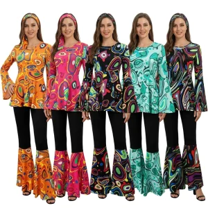 Vintage 70s Disco Abstract Print Bell Sleeve Outfit Retro Hippie Crop Top & Pants Women’s TV & Movie Costume Set