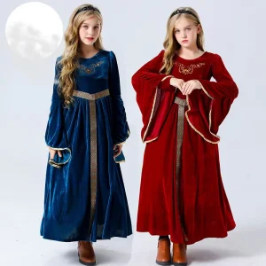 Vintage Aristocratic Court Dress with Suede Trumpet Sleeves for Girls
