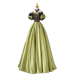 Vintage Court A-Line Satin Formal Dress with Bow Sleeves Back Lace-Up Evening Party Gown for Women