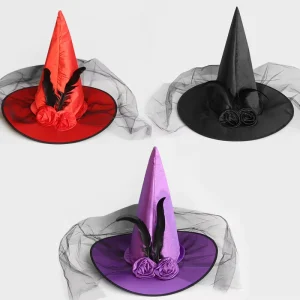 Vintage Floral Feather Witch Hat with Black Mesh Veil, Red Purple Black Halloween Accessory