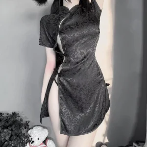 Vintage Republic of China Style Lingerie Sexy Cheongsam Uniform High Slit Hot Short Qipao