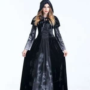Vintage Style Medieval Witch Dress with Cloak Adult Sexy Role Play TV & Movie Costume for Women Halloween Cosplay Party