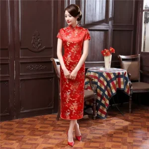 Vintage Tang style Long Qipao Dragon Phoenix Design Plus Size Banquet Performance Costume Bulk