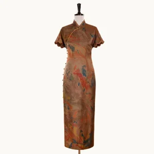 Vintage Traditional Chinese Qipao Luxury Golden Silk Printing Dress for Women Traditional Wedding Oversize Cheongsam