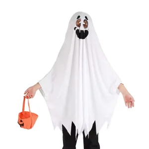 White Tattered Ghost Cape Costume with Pumpkin Bag