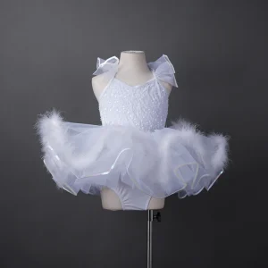 White Velvet Sparkle Sequins Kids Girls Dance Costume Tutu Dancewear Ballet Dance Dress
