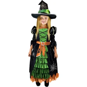 Witch Princess Costume Halloween Themed Party Cosplay Dress Hat Fairytale Green Cute Witch Dress for Girls