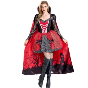 Witch Vampire Zombie Cloak Costume Adult Women Halloween Cosplay Dress Set Party