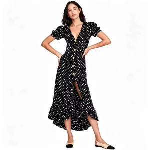 Women East Costumes Black White Polka Dot V Neck Puff Short Sleeve Front Button Split Ruffle Hem Elegant Summer Long Performance