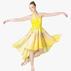 Women High Elastic Yellow Dance Dress Halter Neck Design with Gradient Flared Skirt for Stage Performance Costume