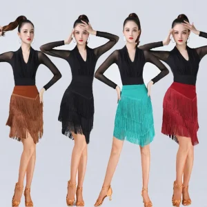 Women Latin Dance Tassel Dress Fringe Skirt Adult Female Dance Competition Stage Performance Costumes