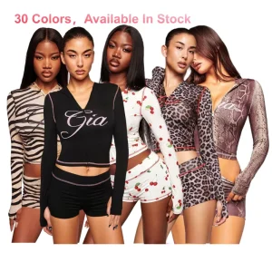 Women Long Sleeve Zip Up Hoodie and Shorts Set 2 Piece Tracksuit Slim Fit Y2K Aesthetic Leopard Print Streetwear Lounge Suits