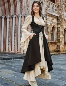 Women Medieval Renaissance Dress Set Gothic Victorian Royal Princess Ball Gown Long Sleeves Halloween Party Cosplay Costume