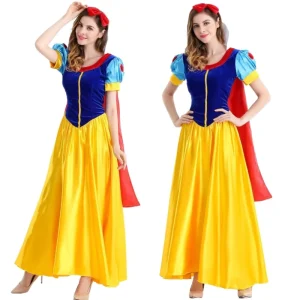 Women Princess Cosplay Dress Set with Cape Yellow Blue Polyester Adult Size