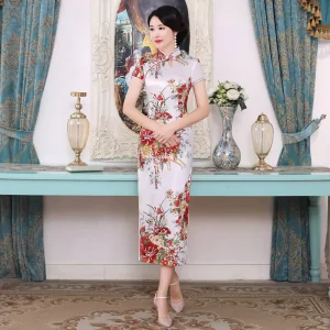 Women Qipao Maxi Cheongsam Dress with Peacock and Peony Print Daily Wear Banquet Outfit for Ladies