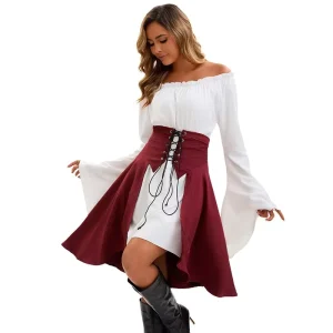Women Red and Black Adult Medieval Pirate Cosplay Costumes Women Off Shoulder Long Sleeve Top Lace Up Corset Set