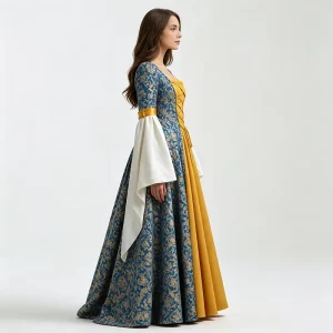 Women Renaissance Medieval Princess Gown Blue Gold Brocade Bell Sleeve Victorian Maxi Dress Halloween Royal Queen Costume