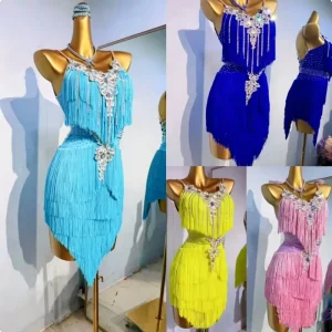 Women Rhinestone Tassel Latin Dance Dress Multi Color Fringed Salsa Ballroom Competition Dance Costume Latin Adult Dress