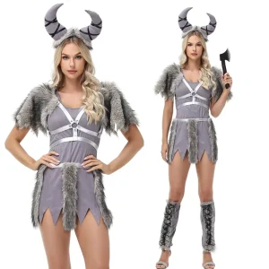 Women Viking Warrior Costume with Horn Headband Faux Fur Trim Dress Outfit for Halloween Carnival Party