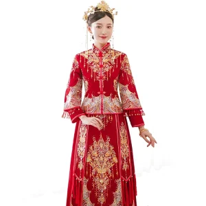 Women Vintage Satin Peacock Gown Wedding Xiuhe Suit Traditional Chinese Style Red Bridal Cheongsam Modern Qipao Dress