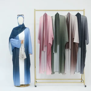 Women’s 2pcs Modest Ombre Kimono Open Front Glitter Abaya Dress With Matching Hijab (Without Inner)