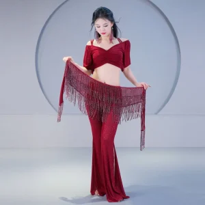 Womens 3Pcs Sparkly Belly Dance Costume Set Off Shoulder Top Flared Pants & Beaded Tassel Hip Scarf Oriental Dance Outfit