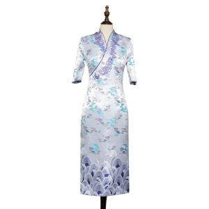 Women’s Adult Chinese Traditional Cheongsam Long Qipao Dress Mandarin Collar Side Slit Clothing Costume Dress Chinese Restaurant