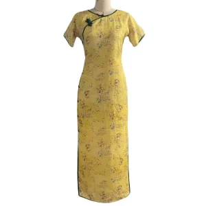 Women’s Adult Chinese Traditional Cheongsam Long Qipao Dress Mandarin Collar Side Slit Clothing Costume Dress Chinese Restaurant