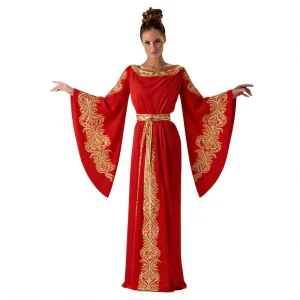 Women’s Ancient Greek Roman Toga Dress Polyester Gold Embroidered Bell Sleeve Maxi Gown