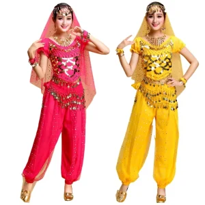 Women’s Belly Dance Performance Costume Pants Short-Sleeved 100% Polyester Stage Dance Clothing