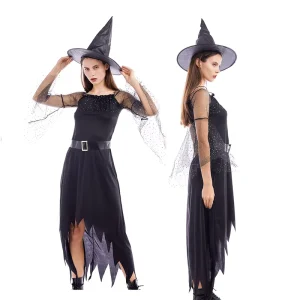Women’s Black Classic Witch Dress with Hat for Halloween