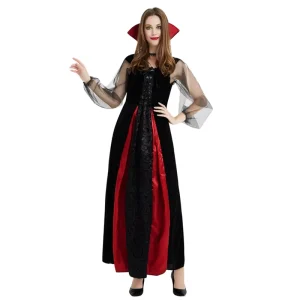 Women’s Black Flower-Printed Vampire Dress for Halloween Cosplay