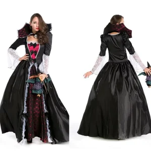 Women’s Black Gothic Royal Vampire Dress Halloween Diablo Style Vampire Cosplay Costume Party Dress