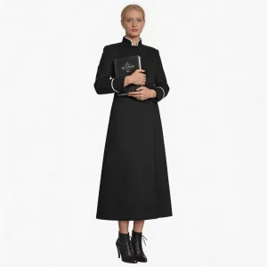 Women’s Black Priest Cosplay Costume Stand Collar Clergy Robe Medieval Style