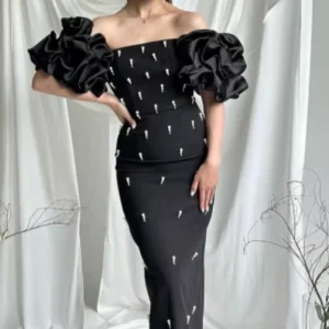 Women’s Black Strapless Ruffle-Sleeve Bodycon Bandage Evening Dress