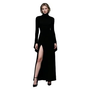 Women’s Black Turtleneck Long-Sleeve Maxi Dress High Slit Flared Cuff Evening Gown Vampire Cosplay Costume