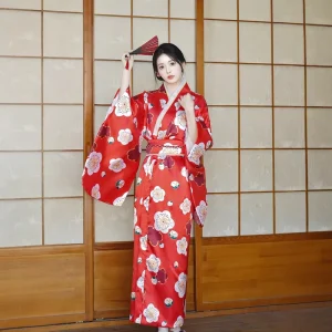 Women’s Blue Kimono Cosplay Costume with Obi, Printed Geisha-Style Yukata