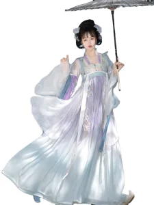 Women’s Blue and White Embroidered Chinese Tang Suit Hanfu Cosplay Costume