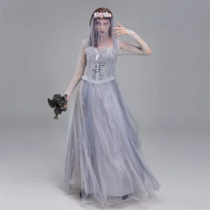 Women’s Cat Ghost Bride Gown Horror Fantasy Queen Halloween Costume One-Piece Dress