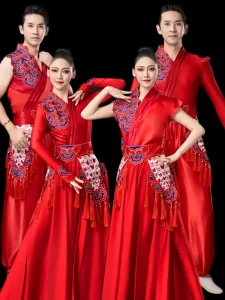 Women’s Chinese Minority Stage Performance Dress with Waist Drum Fan, Solid 100% Polyester
