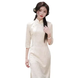 Women’s Clothing Elegant Sexy Formal Dress Qipao with Retro Style the Republic of China a Seven Quarter Sleeve Girls Cheongsam